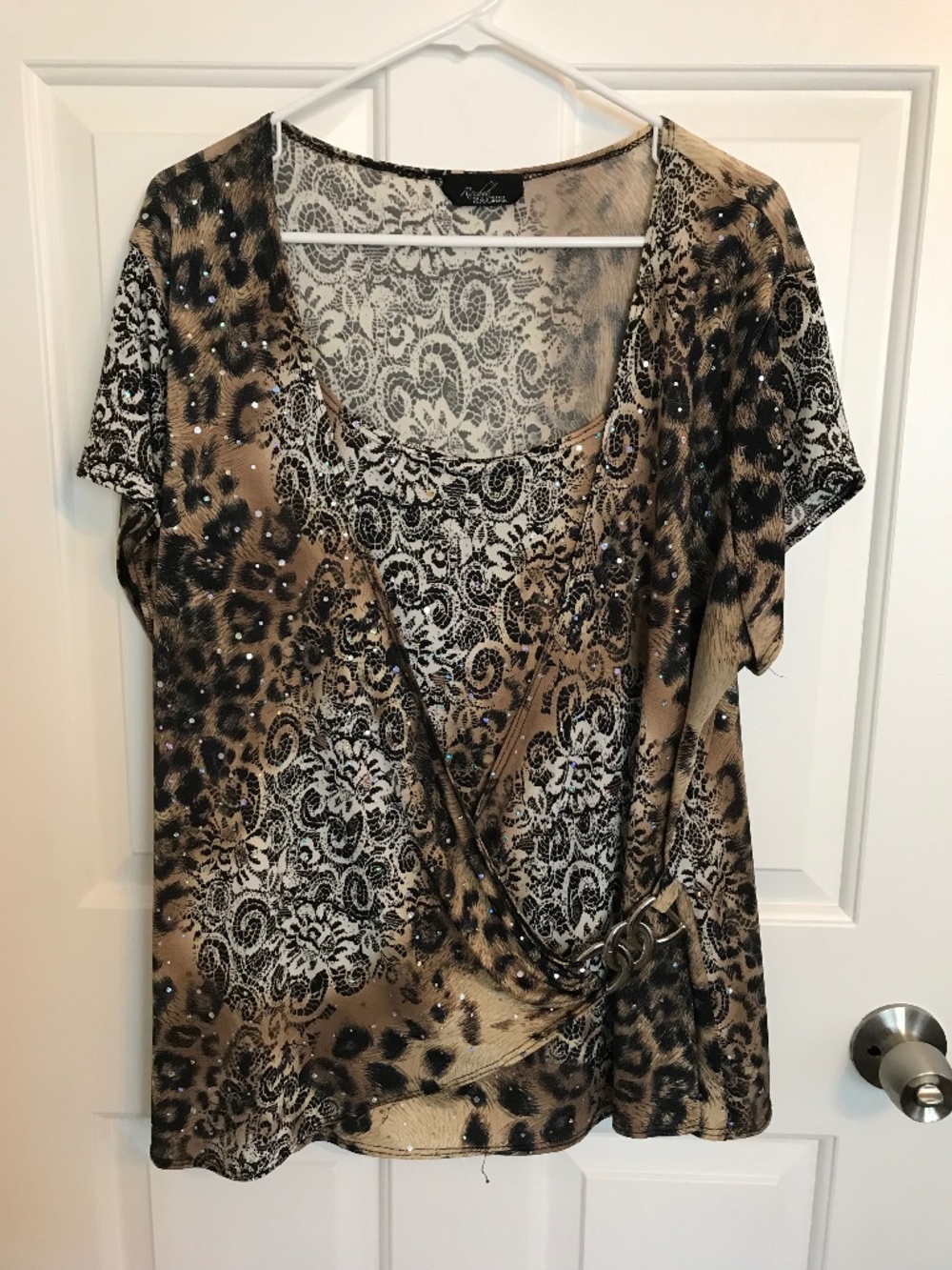 Rachel Rachel Embellished Leopard Print Wrap Stretch Knit Top Plus 1X Brown